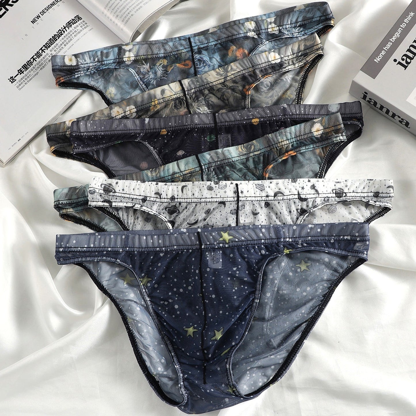 Starry Print Ice-Silk Brief with 3D Contour Pouch — Petals & Lace
