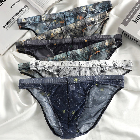 Starry Print Ice-Silk Brief with 3D Contour Pouch — Petals & Lace