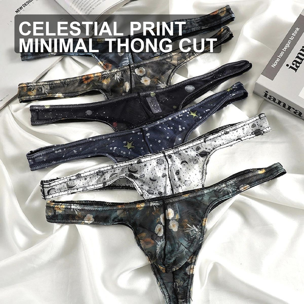 Starry Print Ice-Silk Thong with 3D Contour Pouch — Petals & Lace
