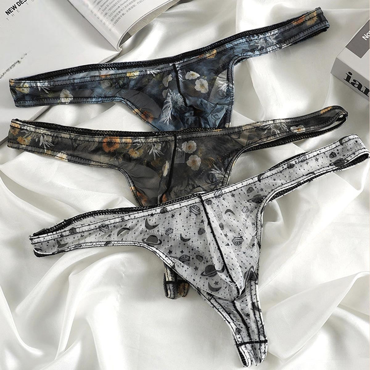 Starry Print Ice-Silk Thong with 3D Contour Pouch — Petals & Lace