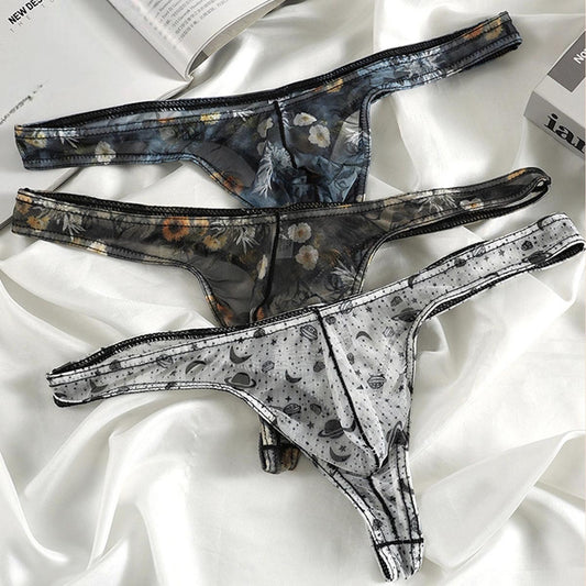 Starry Print Ice-Silk Thong with 3D Contour Pouch — Petals & Lace