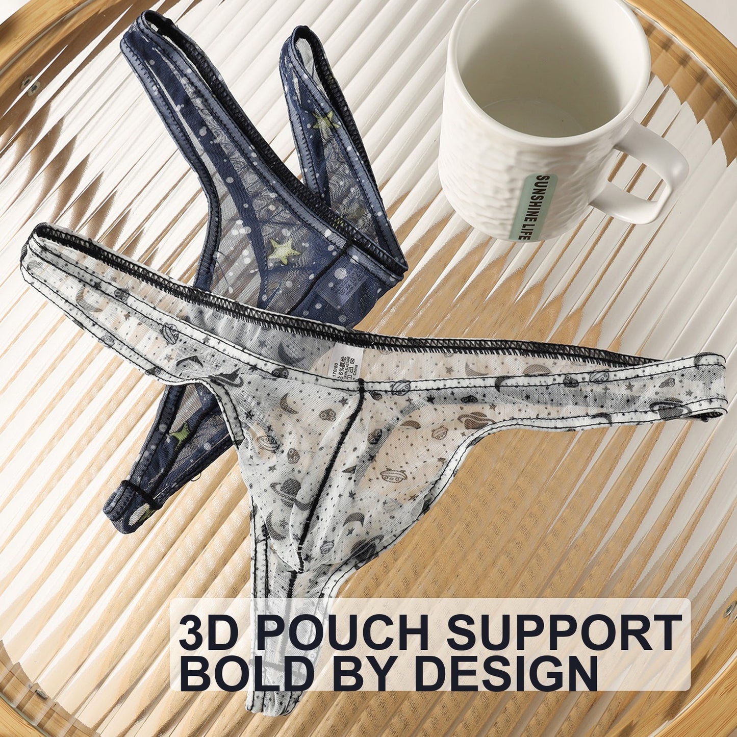 Starry Print Ice-Silk Thong with 3D Contour Pouch — Petals & Lace