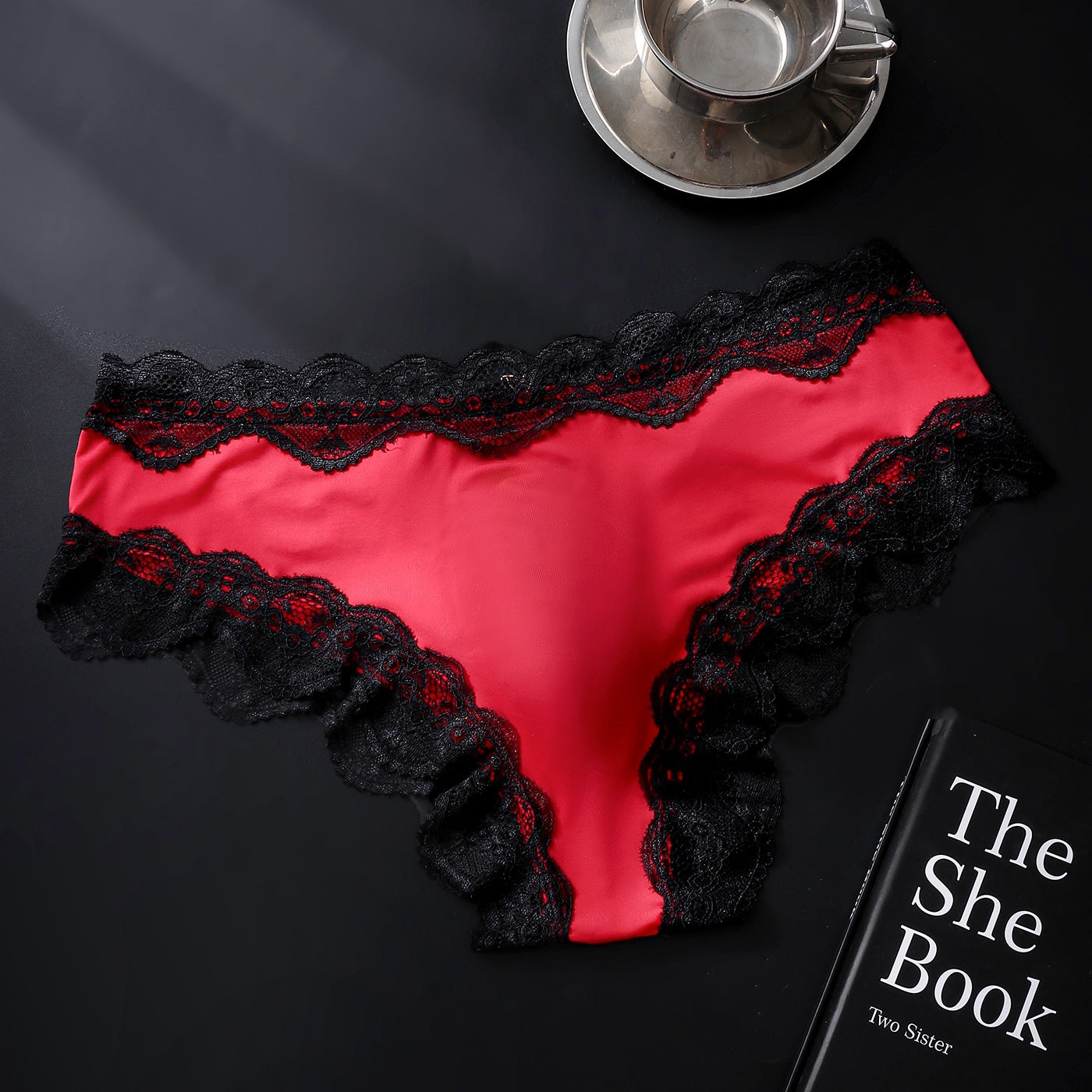 Crimson Red Breathable French Lace Brief with 3D Contour Pouch — Petals & Lace