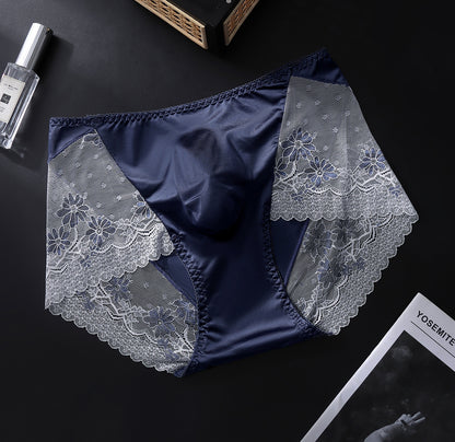 Men's Satin Ice-Silk Lace Brief with 3D Contour Pouch - Sky Blue