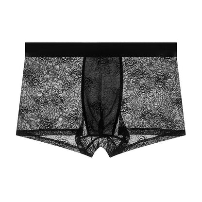 Men's Floral Lace Boxer Brief with 3D Contour Pouch - Black