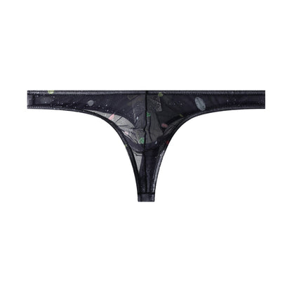 Black Starry Print Ice-Silk Thong with 3D Contour Pouch — Petals & Lace