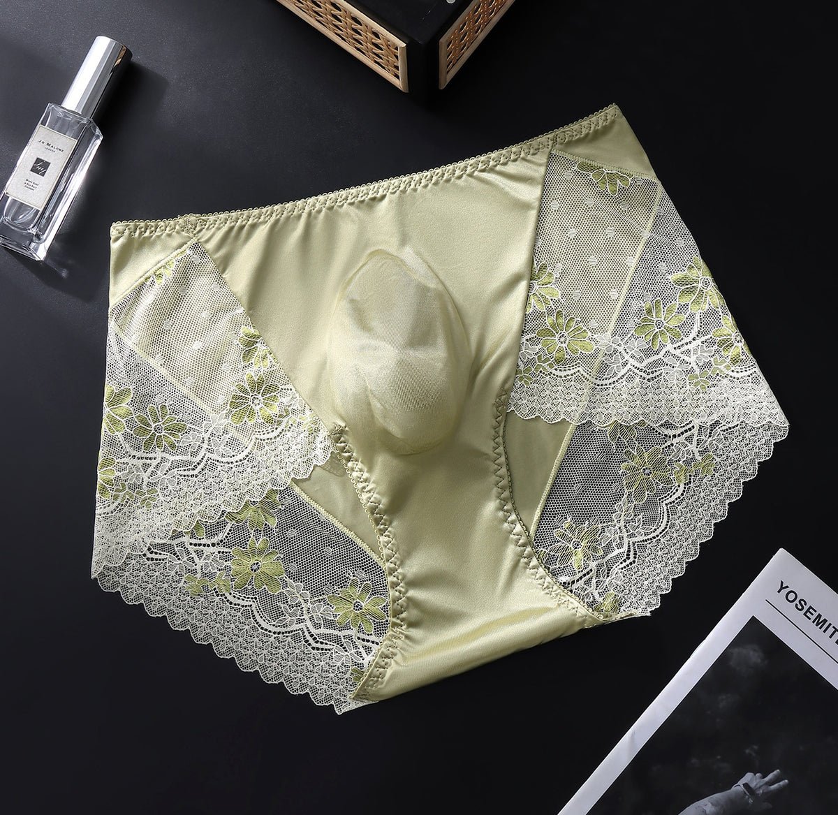 Men's Satin Ice-Silk Lace Brief with 3D Contour Pouch - Sage Green