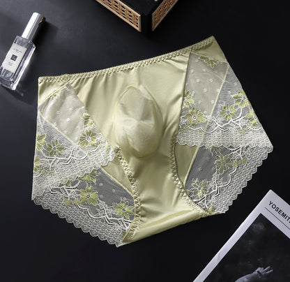 Men's Satin Ice-Silk Lace Brief with 3D Contour Pouch - Sage Green
