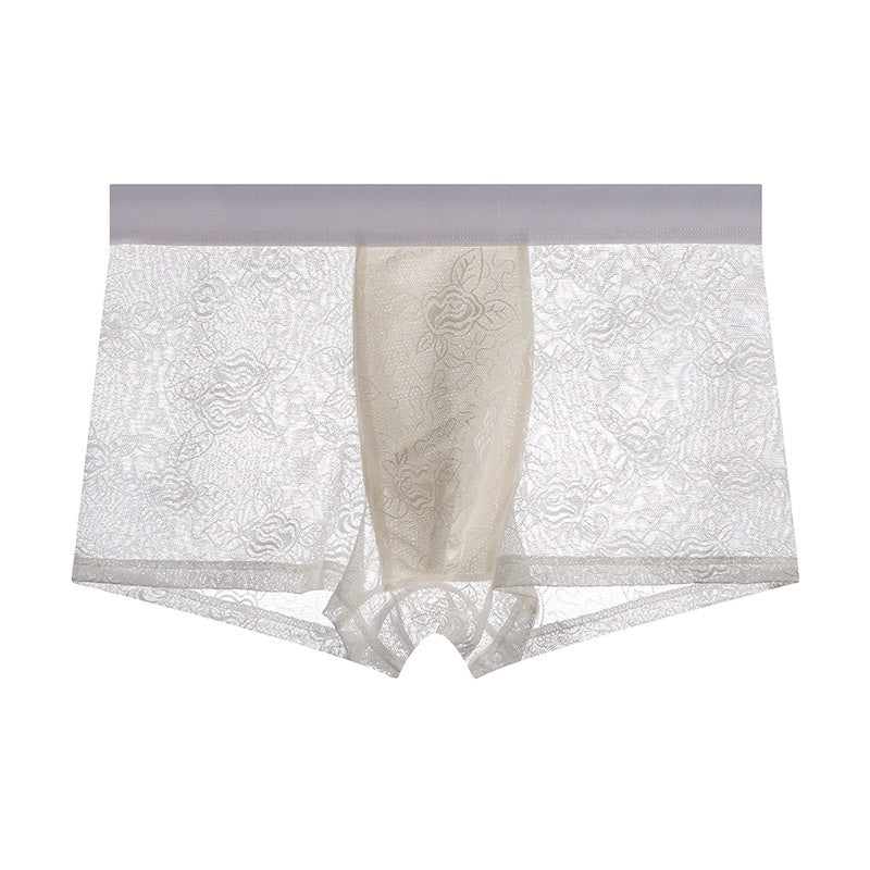 Men's Floral Lace Boxer Brief with 3D Contour Pouch - White