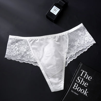 Men's Floral Lace Mesh Brief with 3D Contour Pouch - White