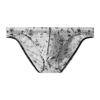 White Starry Print Ice-Silk Brief with 3D Contour Pouch — Petals & Lace