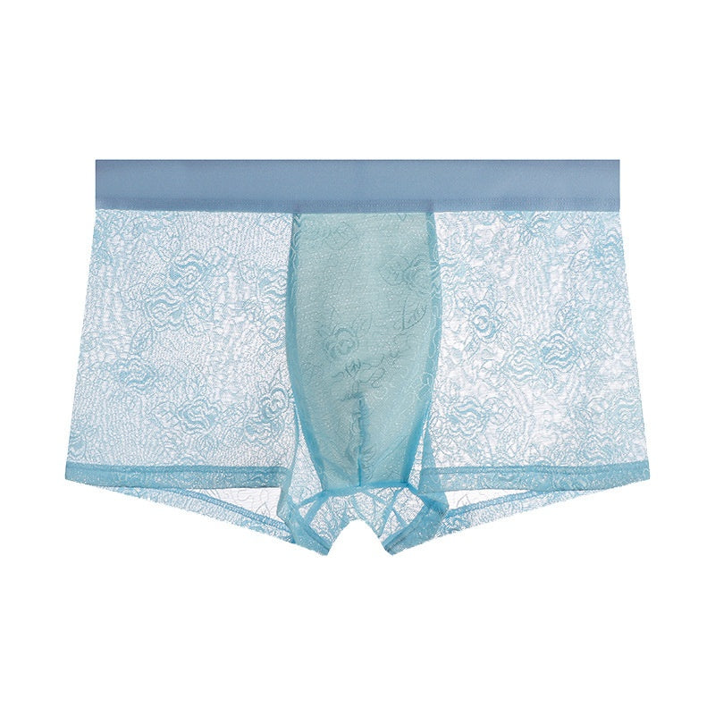 Men's Floral Lace Boxer Brief with 3D Contour Pouch - Sky Blue