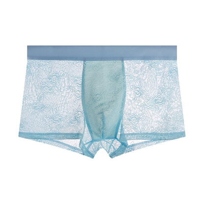 Men's Floral Lace Boxer Brief with 3D Contour Pouch - Sky Blue