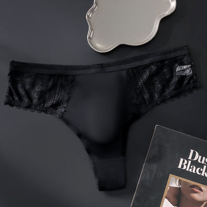 Black Hollow Lace Thong with 3D Contour Pouch — Petals & Lace