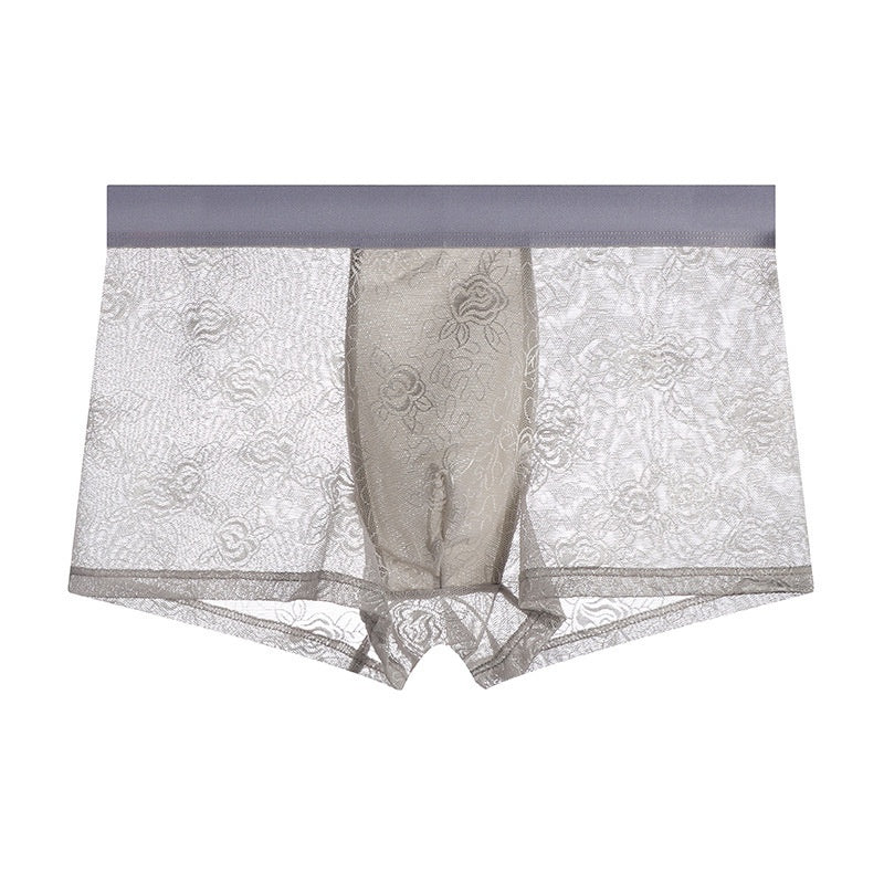 Men's Floral Lace Boxer Brief with 3D Contour Pouch - Grey