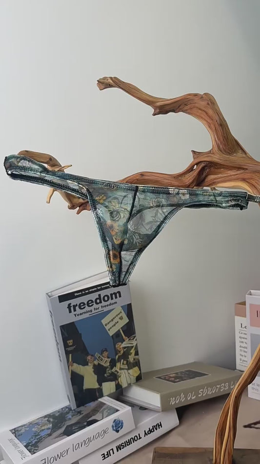 Starry Print Ice-Silk Thong with 3D Contour Pouch — Petals & Lace